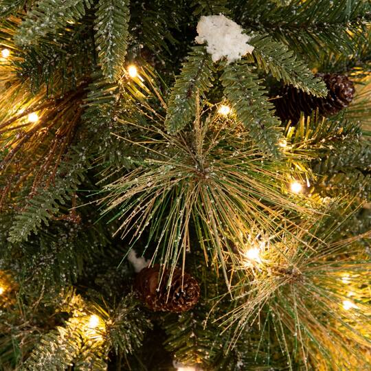 Nearly Natural 3ft. Pre-Lit Artificial Snowed Mixed Pine & Pinecone Christmas Tree in Gold Decorative Planter, Warm White LED lights